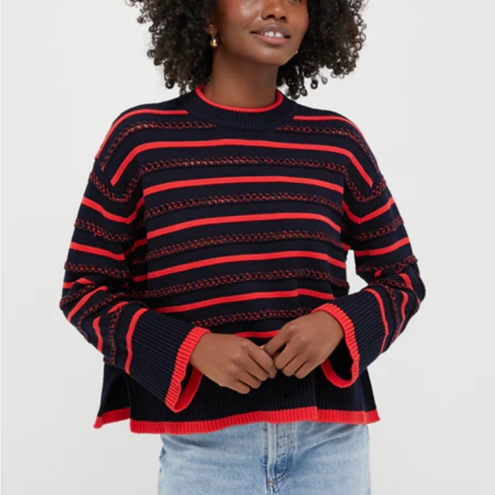 Tuckernuck Navy and Red Pointelle Stripe Maxine Sweater